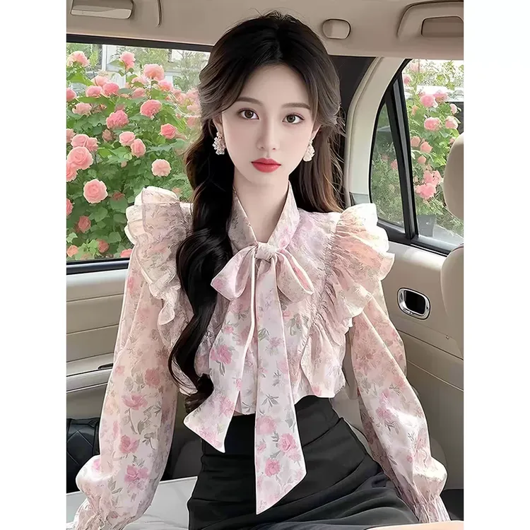 设计感蝴蝶结荷叶边衬衫女春季别致漂亮小衫温柔甜美碎花雪纺上衣