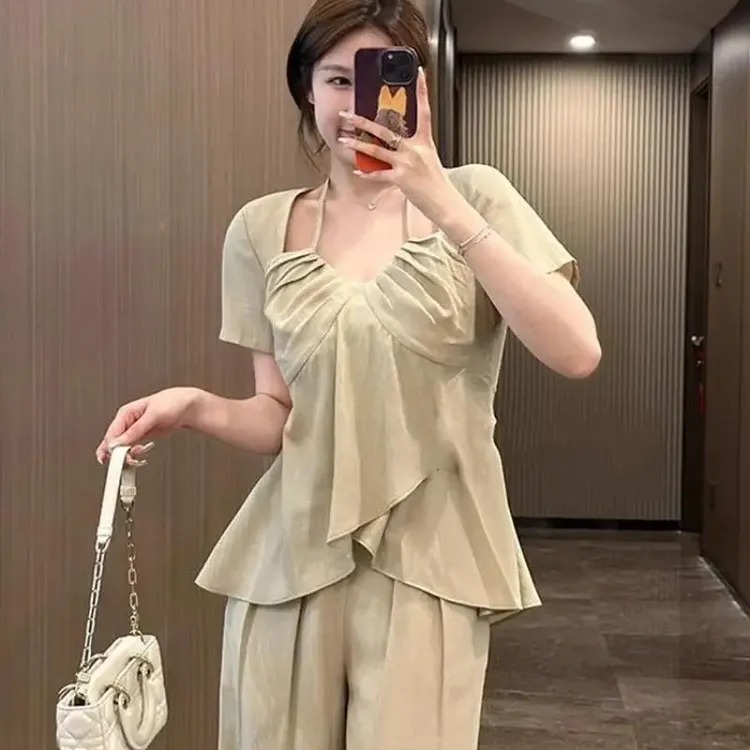 夏季新款法式穿搭短袖上衣长裤两件套大码胖mm收腰藏肉显瘦套装女