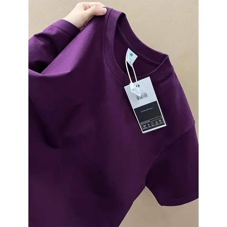 乌梅紫色新疆长绒棉T恤男重磅硬挺夏季磨毛小领口二本针纯棉短袖