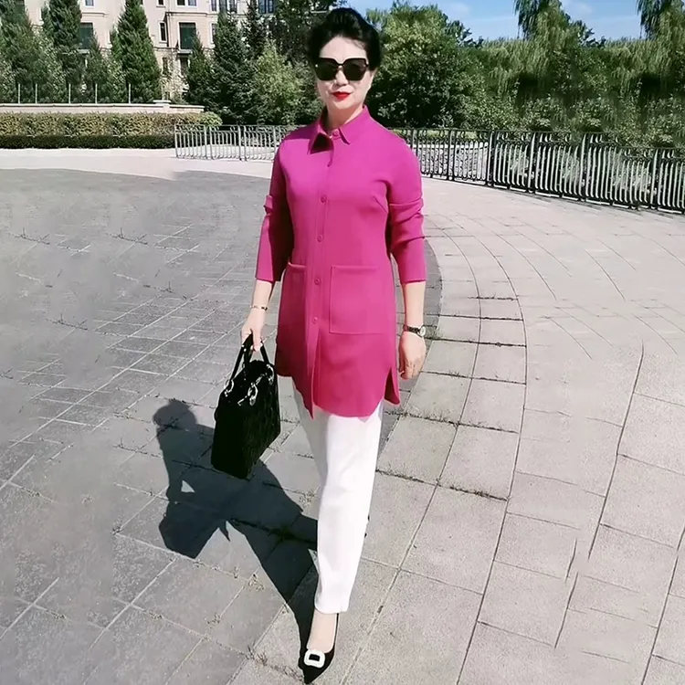 高端纯色空气棉风衣春秋款宽松显瘦中年妈妈中长款衬衣大码外套80