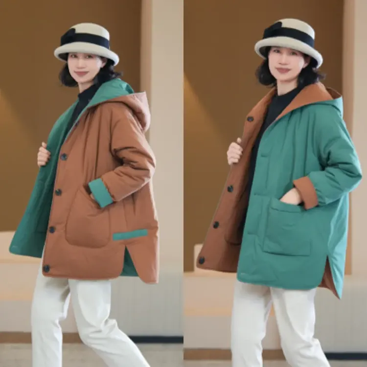 罗蒙焦糖色+翡翠绿两面穿长款两面穿棉袄秋冬防风女士保暖棉衣