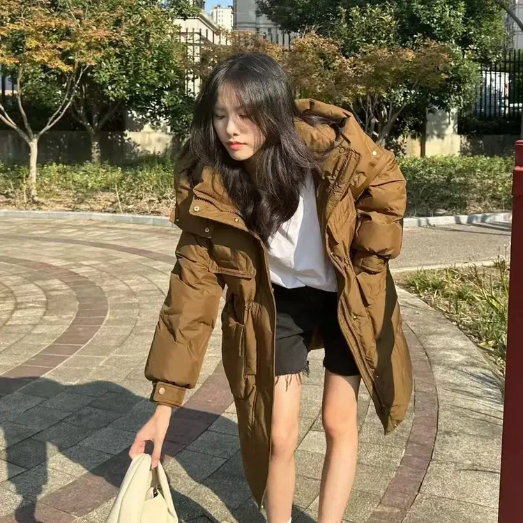 中长款外套女平湖加厚收腰显瘦连帽冬季百搭