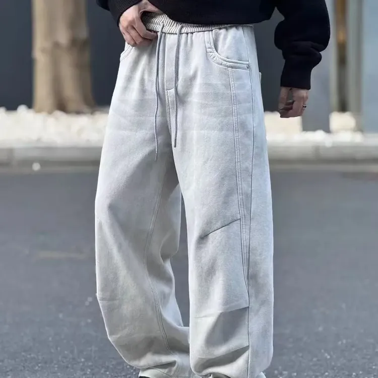 冬季新款高品质轻奢男士加绒加厚牛仔宽松直筒弯刀裤纯色潮