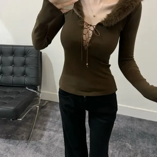 前后两穿辣妹款女装性感毛毛短款女长袖9801