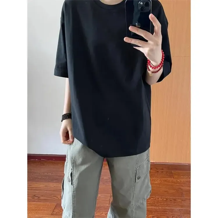 黑色cleanfit棉短袖T恤男夏季美式高级感小领口正肩内搭五分半袖