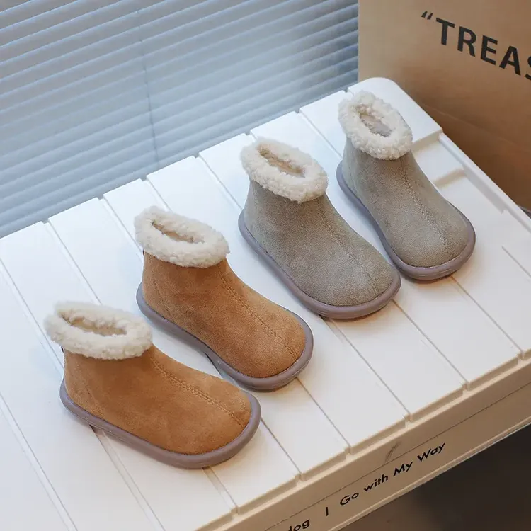 ABC女童小羊羔加绒短靴2025冬季新款儿童加厚保暖靴子男童马丁靴