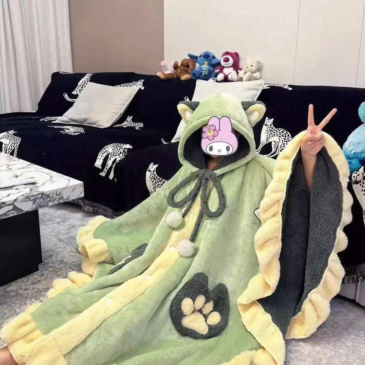 2025冬季新款可爱少女绿喵睡毯斗篷披风法兰绒保暖连帽宿舍午睡毯