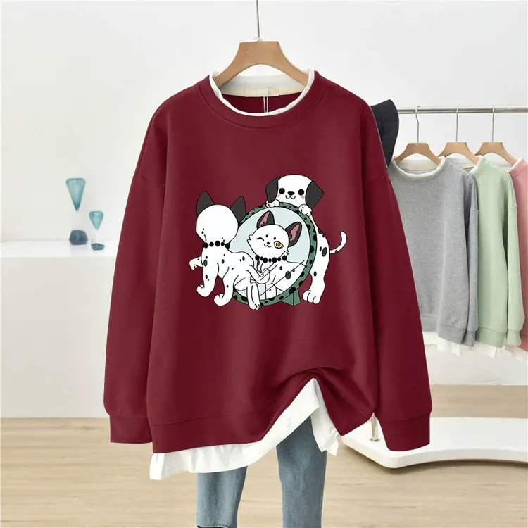 2025年新款宽松胖mm红色假两件加绒加厚卫衣女显瘦遮肚外套上衣服