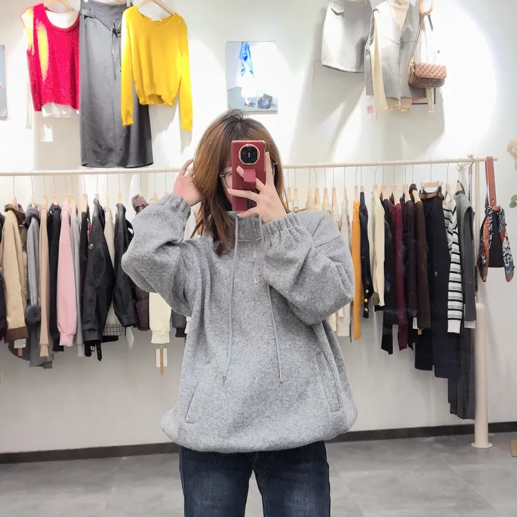 2025秋冬女卫衣加绒厚款针织连帽套头衫简约上衣宽松韩版时尚百搭