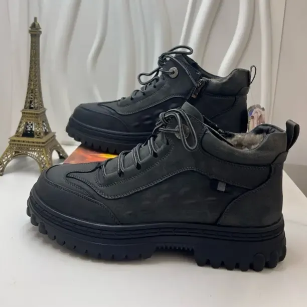 83538拉链圆头牛皮磨砂皮皮毛一体羊毛休闲皮鞋高帮系带棉鞋