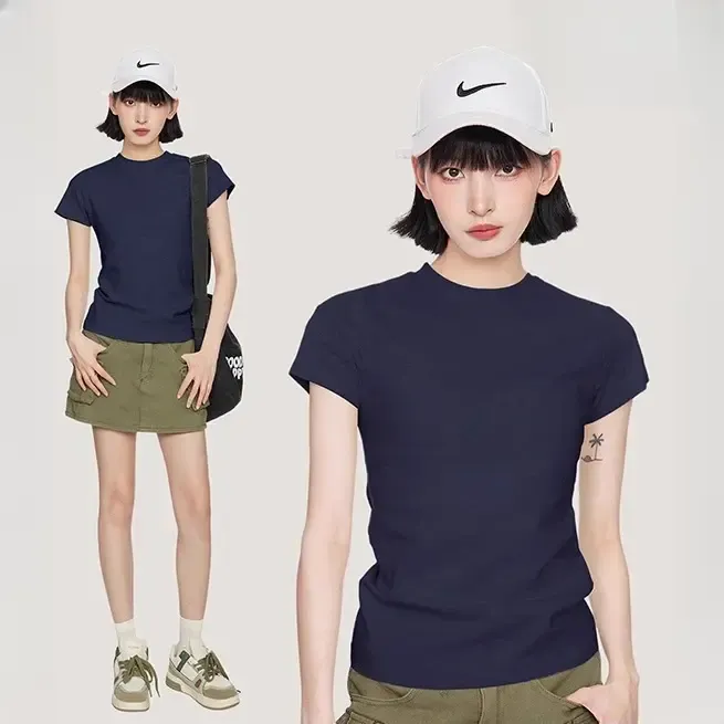 藏青色正肩短袖T恤女2025新款短款修身紧身纯色美式辣妹半袖上衣