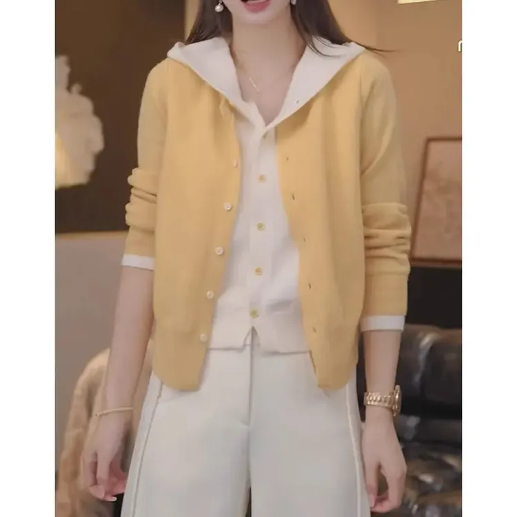 连帽假两件针织衫女春装大码胖MM毛衣开衫设计感显瘦长袖上衣亮色