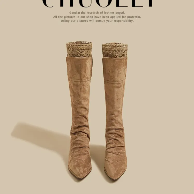 废土风流苏长筒靴女复古不过膝长靴埃及骑士靴粗跟尖头高筒堆堆靴