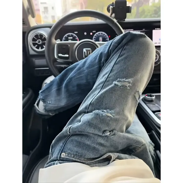 欧美hiphop炸街裤子潮牌高街破洞牛仔裤小众设计感闪电纹直筒裤男