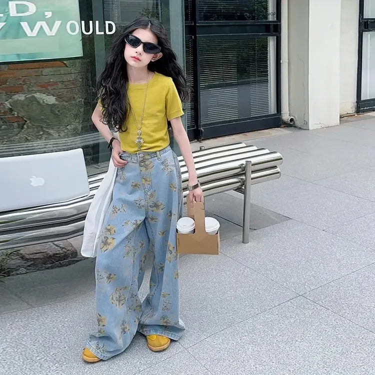 女童夏装套装2025新款儿童短袖碎花牛仔阔腿裤中大童小清新两件套