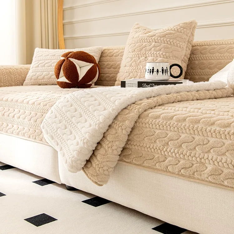 秋冬款小米貂毛绒沙发垫加厚保暖轻奢防滑坐垫子万能沙发套罩盖布
