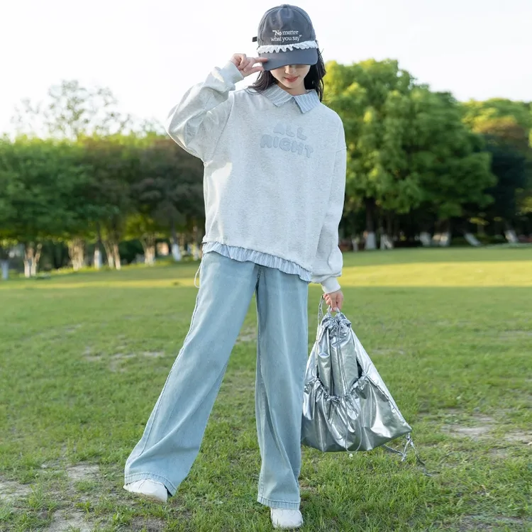 女童春装假两件卫衣2025新款儿童春秋季长袖上衣女大童牛仔裤套装