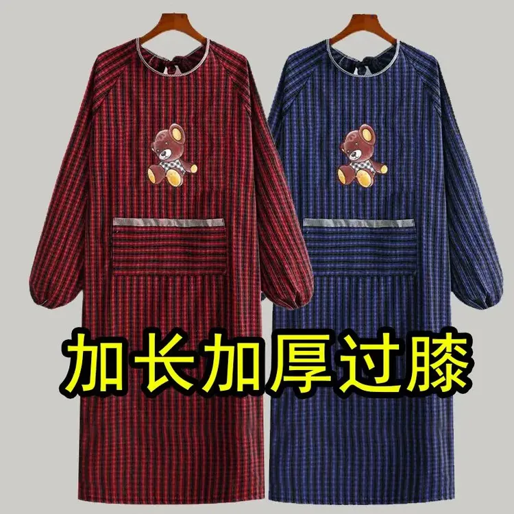 加长加厚老粗布长袖围裙干活穿厨房家用韩版防污时尚罩衣男女外穿