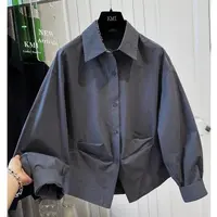 【云补5】2025小众设计感褶皱收腰宽松衬衣纯色单排扣翻领早秋新款