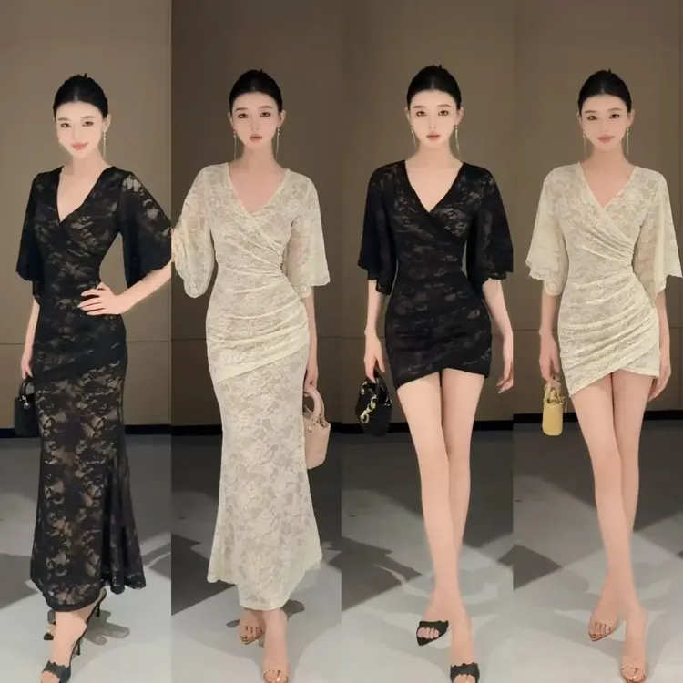 【春日部】蕾丝拼接双层收腰显瘦连衣裙