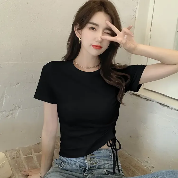 夏季抽绳短袖t恤洋气衣服女2026新款露脐短纯欲甜美可爱风格衣服