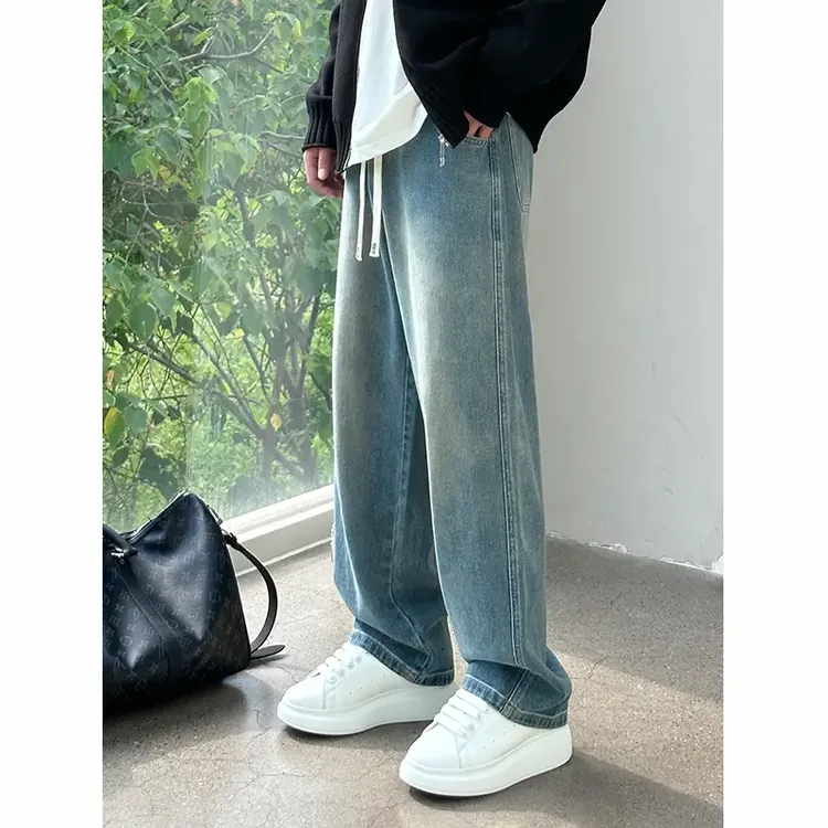 【时尚qi易】冬季软牛仔裤男女潮流松紧百搭宽松休闲复古垂感直筒裤