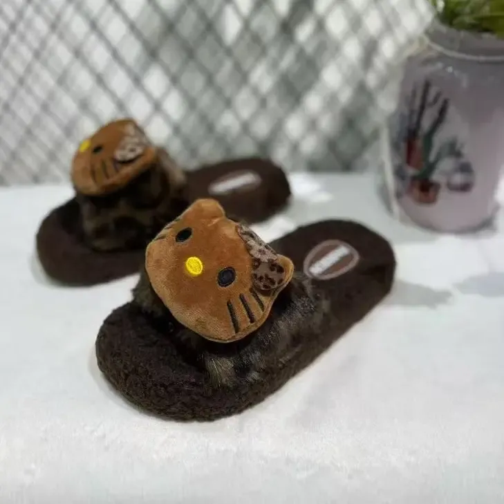 可爱kitty豹纹毛毛拖鞋女生秋冬外穿防滑保暖居家棉拖
