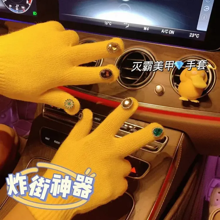 新款灭霸绿色手套带钻豪华美甲DIY彩色钻石绿色针织手套厚保暖