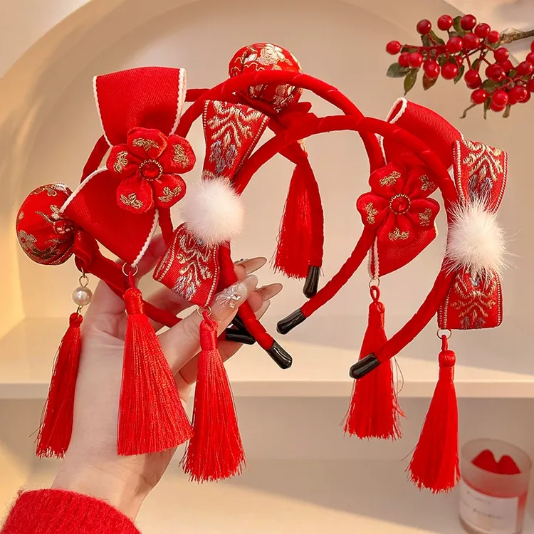 女童儿童新年红色流苏国风发箍女秋冬毛绒头箍不勒头发卡外出头饰