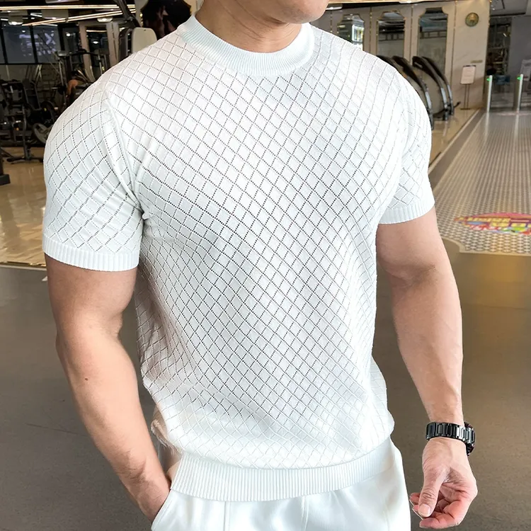 新款 夏季美式复古男士健身短袖纯色春夏潮牌宽松园领T恤针织男