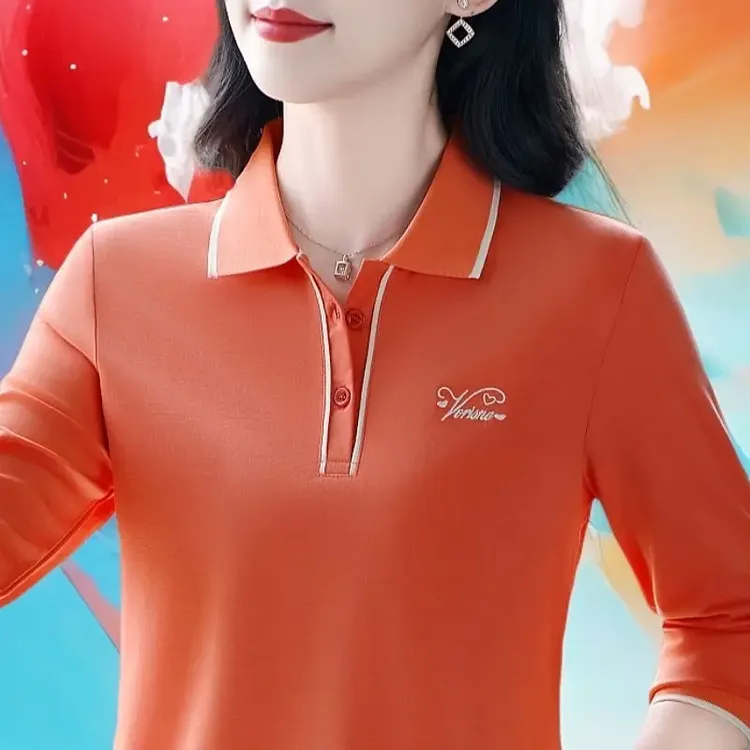 高品质长袖女士春秋季翻领休闲运动POLO打底衫适合中年妈妈真好看