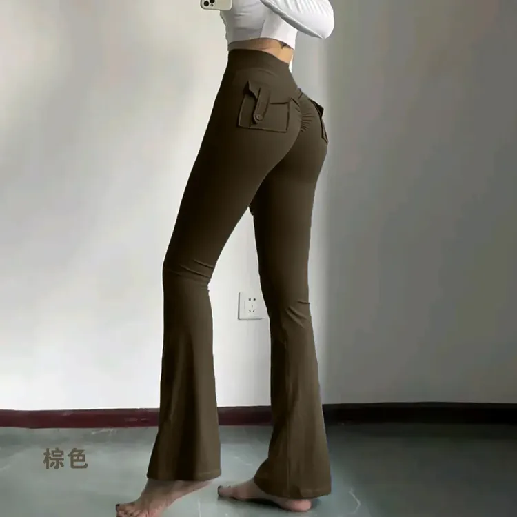 口袋款工装微喇瑜伽裤高腰蜜桃提臀裸感弹力健身裤跑步外穿瑜伽裤