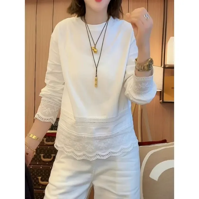 大码蕾丝拼接纯棉白色打底衫女2025春季新款长袖t恤宽松休闲上衣