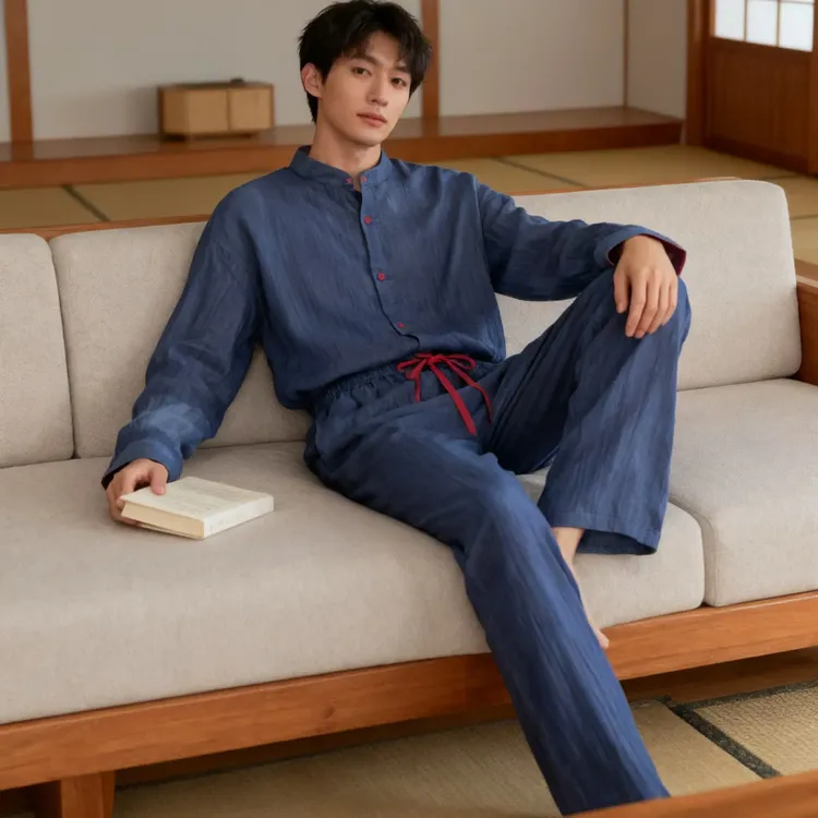 宽松复古秋季睡衣男士中国风中式时尚套装长袖长裤家居服可外穿