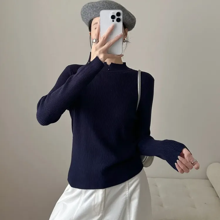 秋冬新款通勤常规款修身休闲风纯色甜美毛针织衫针织常规打底衫