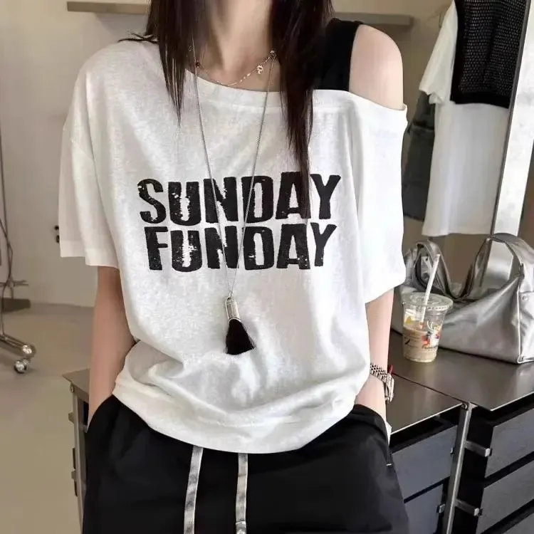 字母印花白色显瘦斜肩吊带雪花棉圆领短袖t恤女设计感小众上衣女