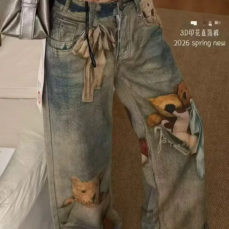 3D印花直筒牛仔裤时尚休闲裤宽松