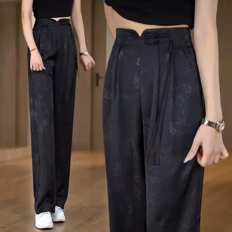 国风提花冰丝阔腿裤女春夏2025新款爆款新中式裤子高腰垂感直筒裤