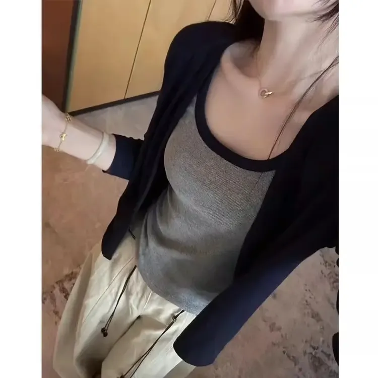 长袖开衫小外套女2025秋季款韩版时尚拼色吊带两件套洋气T恤上衣