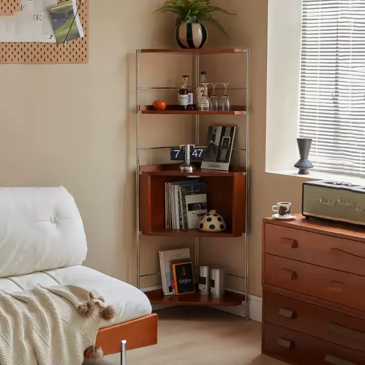 BEAUTIFU 复古实木转角置物架客厅墙角展示架三角柜角落收纳书架