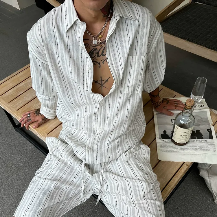 OXFREAK「老钱风 条纹提花」亚麻混纺休闲套装男短袖衬衫宽松短裤