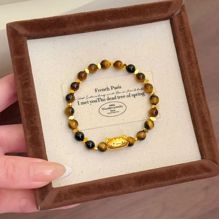 铜合金手链 复古虎眼石小猫咪手链女2025新款轻奢转运珠手串手饰