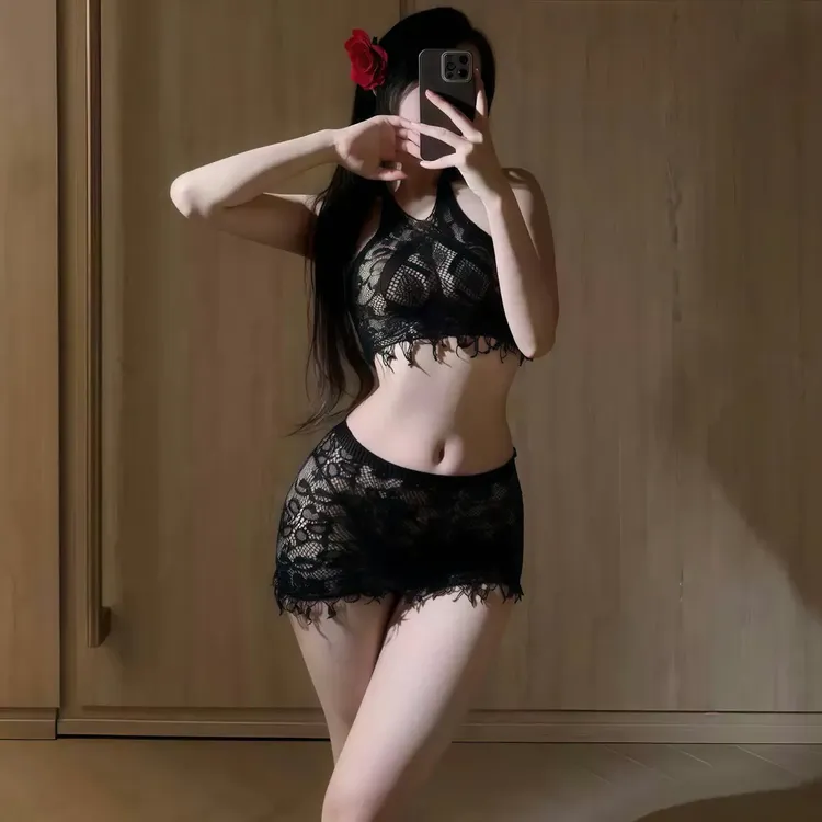 性感大码薄款蕾丝缕空睡裙挂脖流苏网火辣美背吊带包臀短裙睡衣