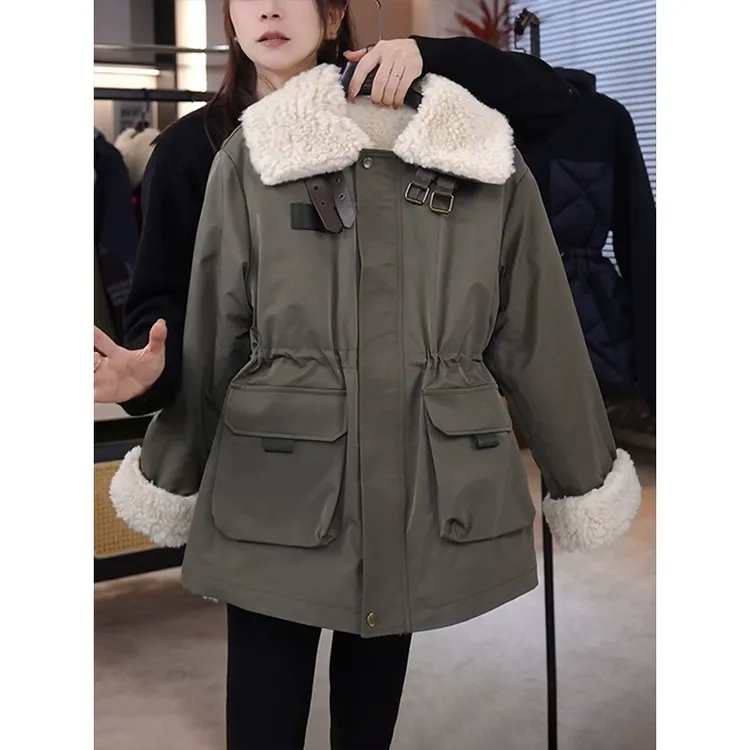 港式复古翻领羊羔毛外套女装2024冬季新款收腰显瘦派克服休闲棉服