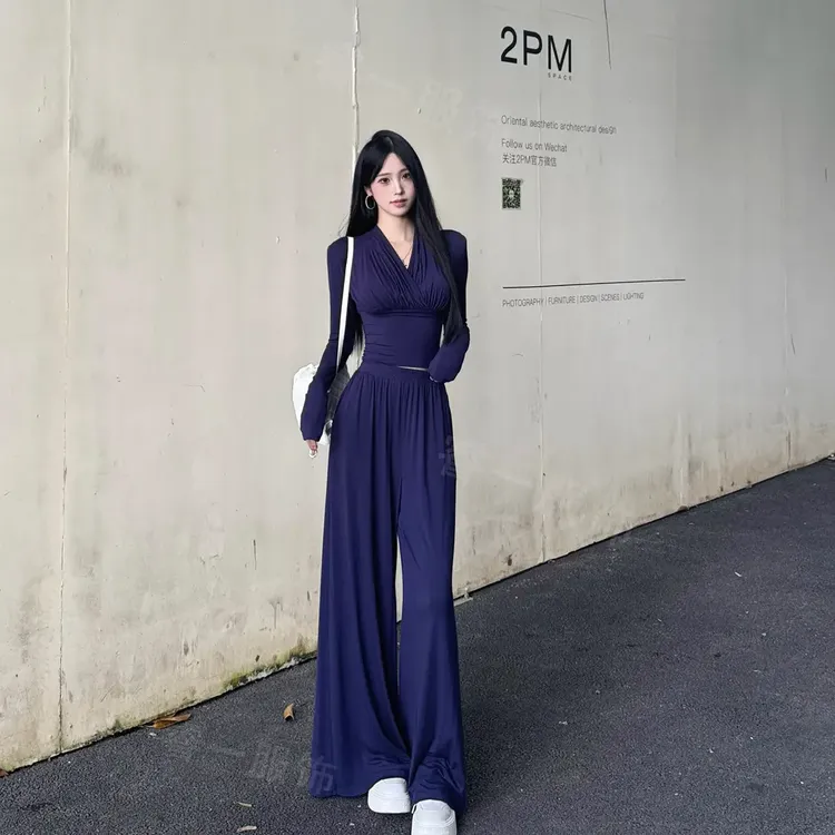2025早秋新款长袖上衣休闲套装两件套高腰阔腿休闲裤垂感气质轻熟