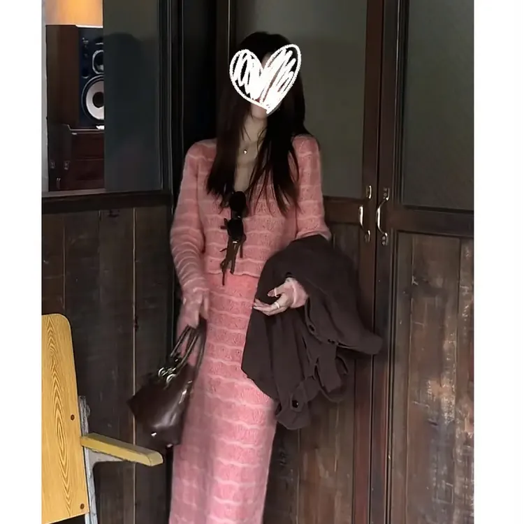 【琥珀流光】撞色绑带开衫+半身裙长裙两件套减龄慵懒穿搭两件套女