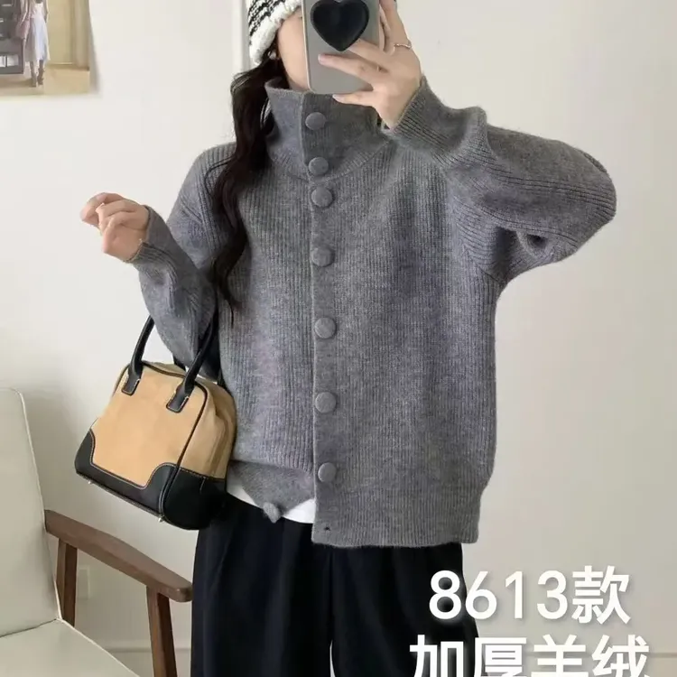 秋冬韩系复古风立领单排扣宽松针织开衫女款外套