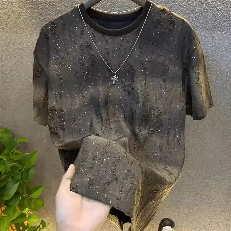 潮牌夏季新款满天星短袖T恤男士轻奢渐变色破洞圆领半袖上衣服男