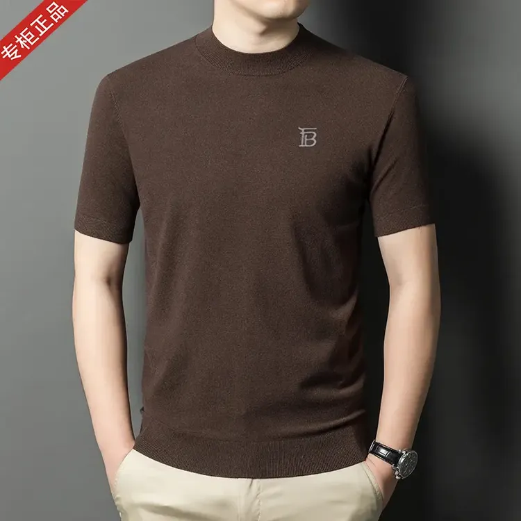 2025秋冬季新款英伦短袖T恤男士商务休闲半高领羊毛衫薄款针织衫