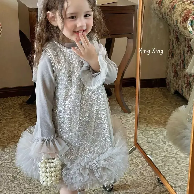 冬季新款加绒加厚女童亮片公主裙套装
